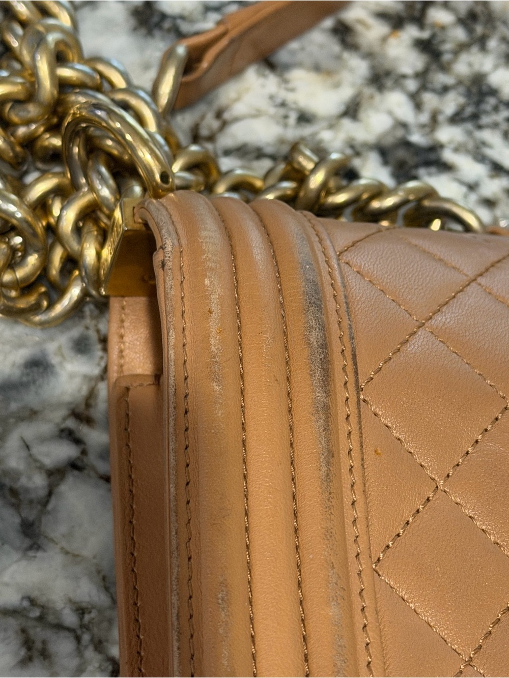 CHANEL Medium Boy Bag Quilted Leather Shoulder Bag in Tan with Gold Hardware - Picture 13 of 14